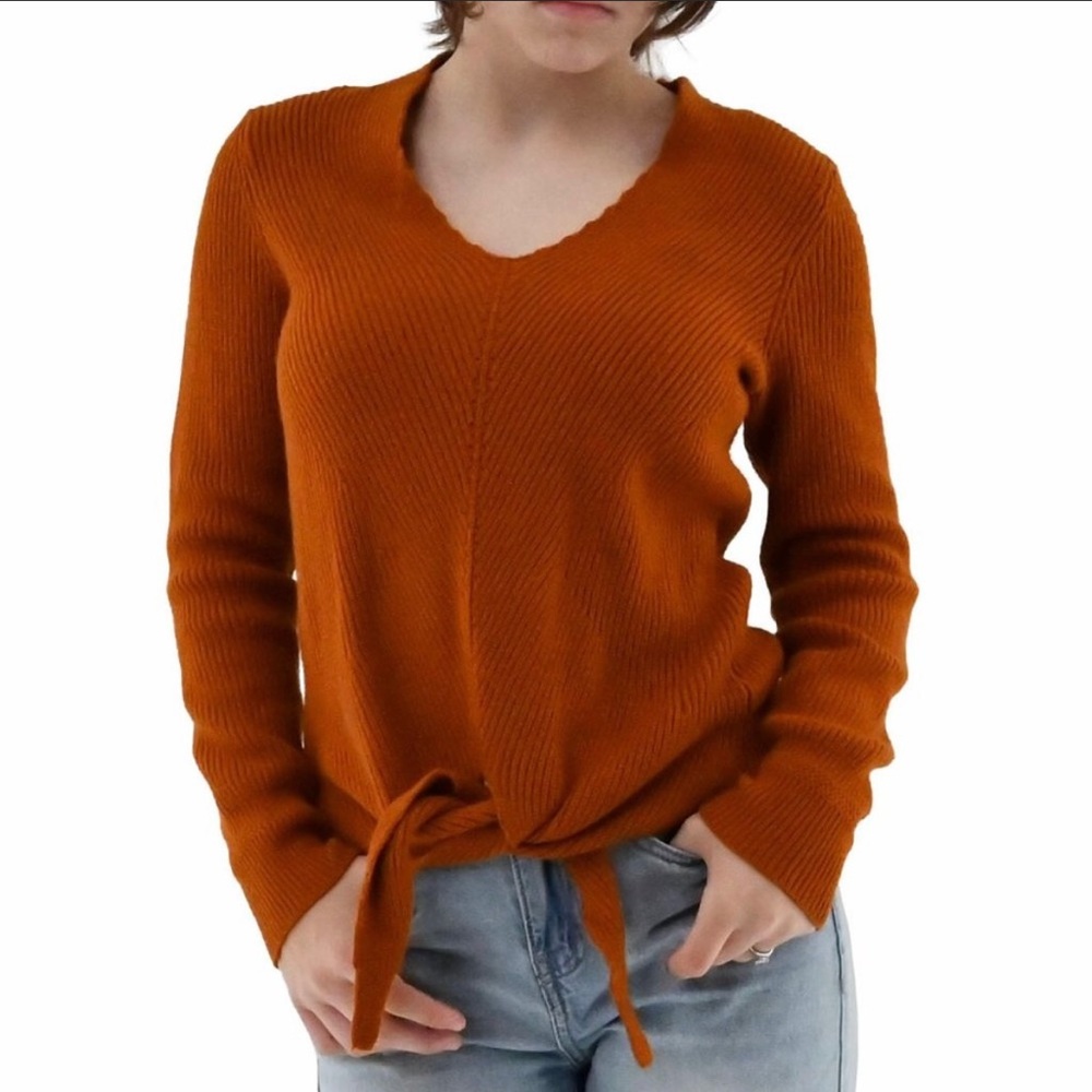 Anthropologie Moth Freeport Rust V-Neck Ribbed Knit Tie Front Sweater Small